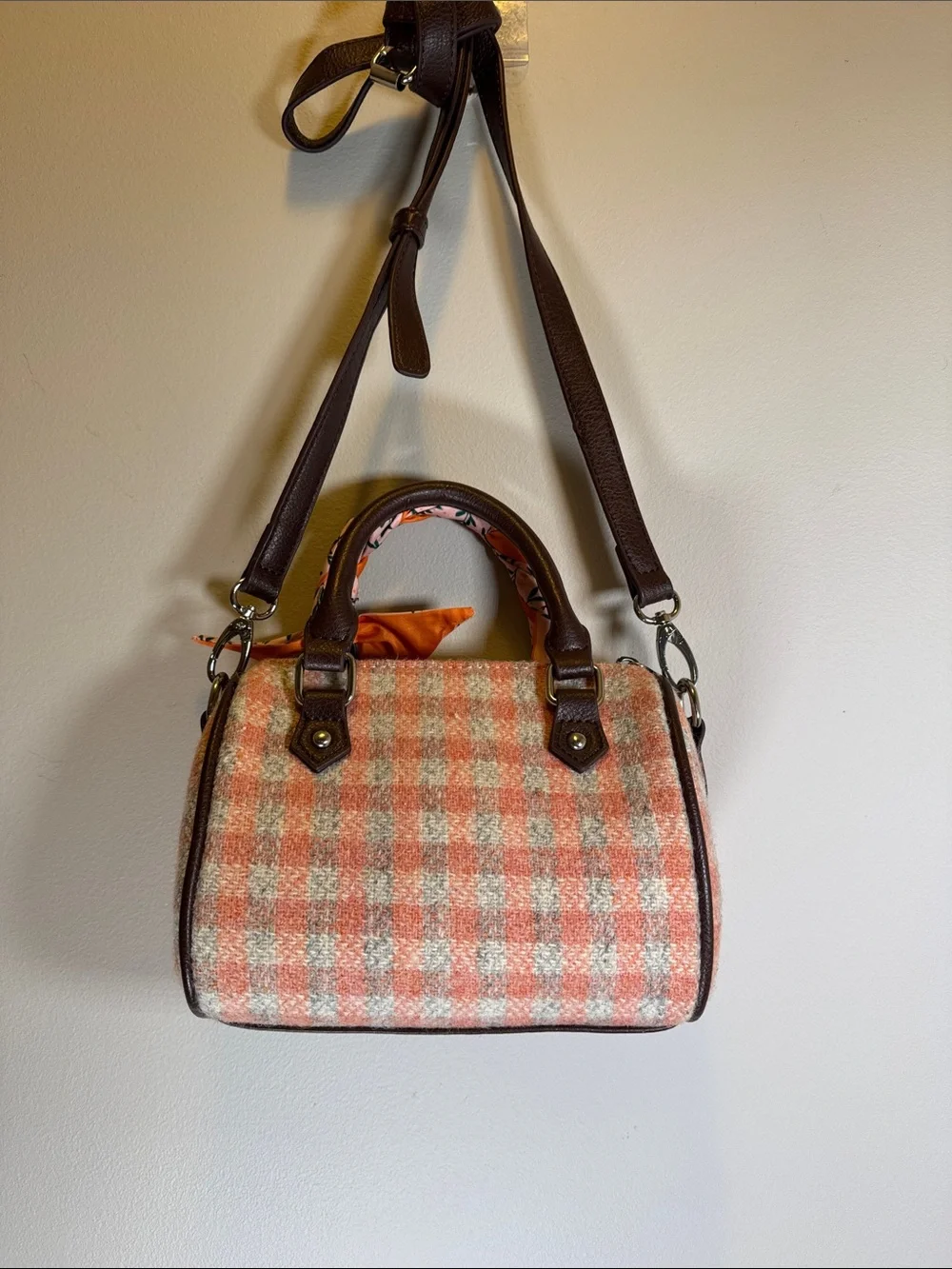 Glen Appin Harris Tweed Wool Satchel Crossbody Bag Pink Plaid + Twilly Charm